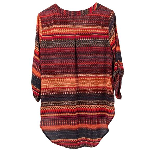 Cato Chiffon High Low Tunic Top Blouse Boho Southwestern Aztec Desertcore Red M - Picture 6 of 12